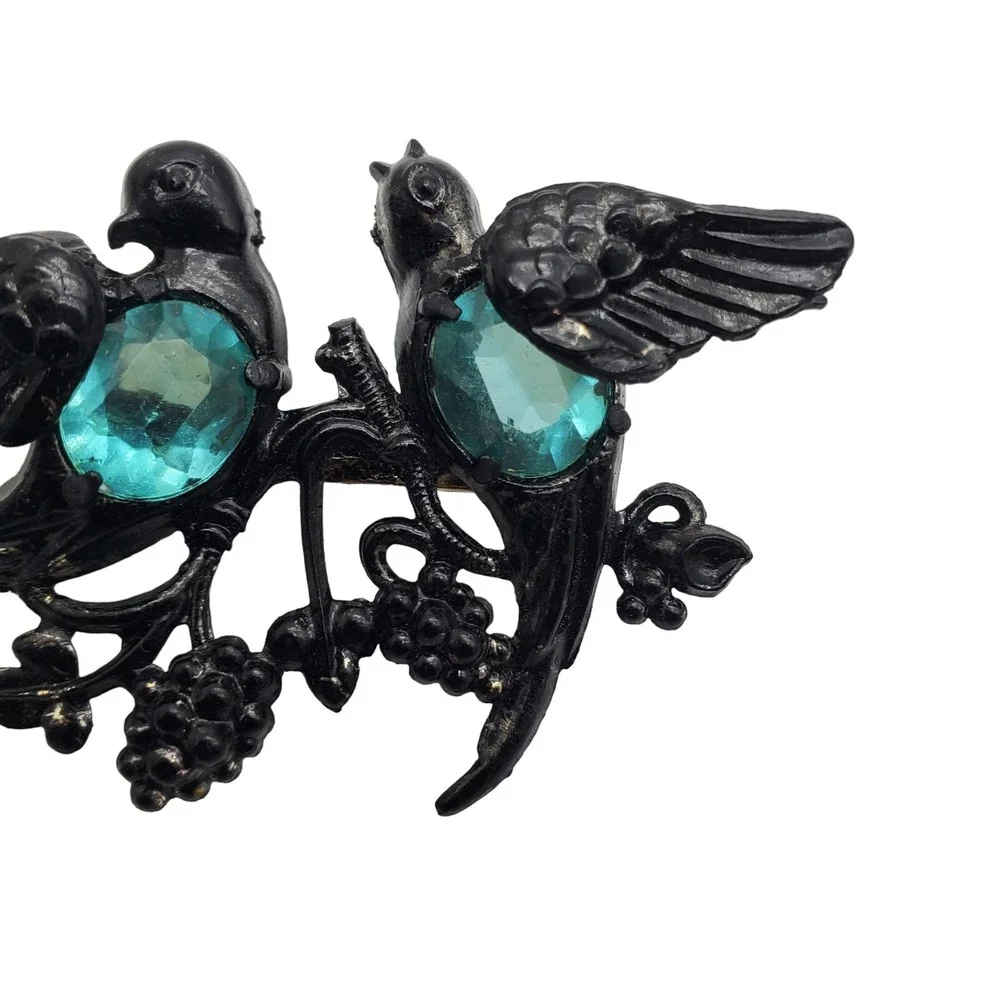 Vintage Bird Brooch Aqua Blue Acrylic Belly Early Plastic Pin 1940s Lovebirds